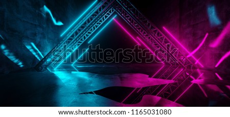 Similar – Image, Stock Photo Purple and blue neon light illuminates face of young dark haired woman on yellow lights background