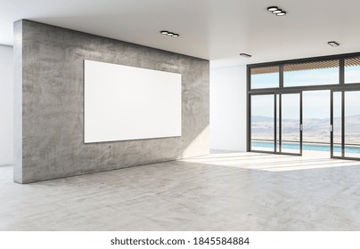 Modern Gallery Interior With Blank White Poster On Wall And Landscape View. Art And Design Concept. 3D Rendering