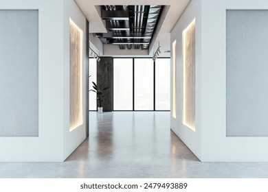 A modern gallery interior with illuminated frames, concrete floors, minimalist design, and city view, concept of an art exhibit. 3D Rendering