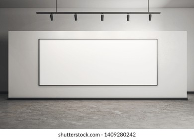 Modern gallery interior with white billboard and concrete floor. Museum and exhibition concept. Mock up, 3D Rendering 
