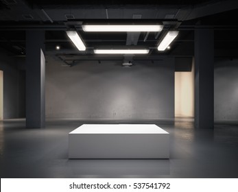 Modern Gallery Space With Bright Showcase And Lamps. 3d Rendering