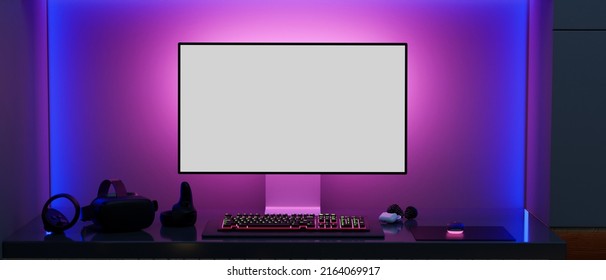 Modern Gamer Computer Desk Setup With RGB Lights On The Background, Modern PC Computer White Screen Mockup, Gaming Keyboard, VR Glasses And Stuff On The Table. 3d Rendering, 3d Illustration