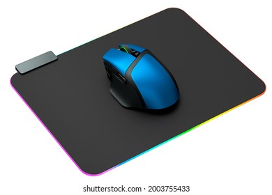 Modern Gaming Computer Mouse On Professional Pad Isolated On White Background. 3d Rendering Of Live Streaming Gear For Cloud Gaming And Gamer Workspace Concept