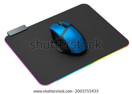 Modern gaming computer mouse on professional pad isolated on white background. 3d rendering of live streaming gear for cloud gaming and gamer workspace concept