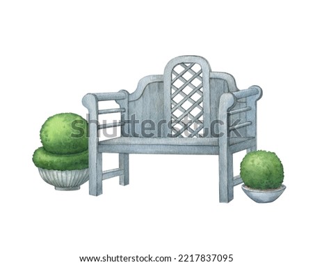 Modern garden bench wood and topiary, evergreen tree in pots. Outdoor seating for home patio decor. Hand drawn watercolor painting illustration isolated on white background.