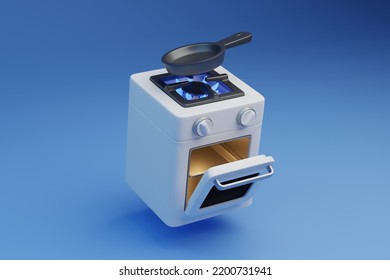 Modern Gas Stove With Blue Flame 3d Rendered Illustration. Stove With Open Oven. Kitchen Equipment Or Appliance For Cooking Food. 3D Illustration