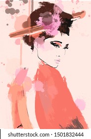 Modern Geisha Woman Illustration Sketch