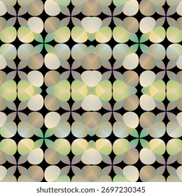 Modern geometric abstract seamless pattern with soft gradient floral shapes on black background, elegant retro style wallpaper, textile, and digital art design