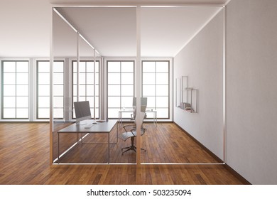 Modern Glass Box Office Interior With Wooden Floor, Concrete Walls And Windows. Side View, 3D Rendering