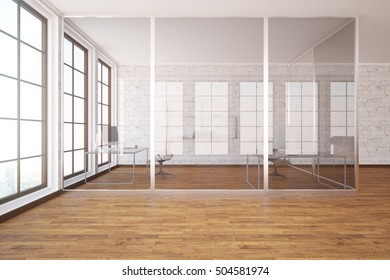 Modern Glass Box Office Interior With Wooden Floor, White Brick Walls And Windows. 3D Rendering