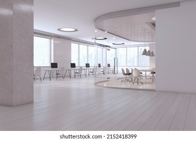 Modern Glass Coworking Office Interior With Wooden Flooring. Meeting Room And Hallway Concept. 3D Rendering