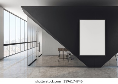 Modern Glass Office Interior With Empty White Poster And Panoramic City View. Mock Up, 3D Rendering 