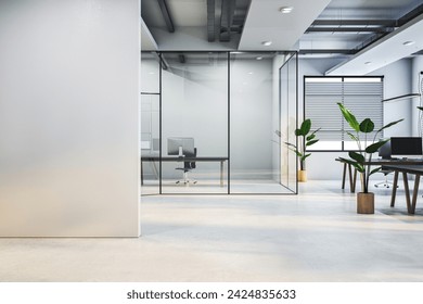 Modern glass office interior with empty mock up place on wall, furniture and equipment. 3D Rendering