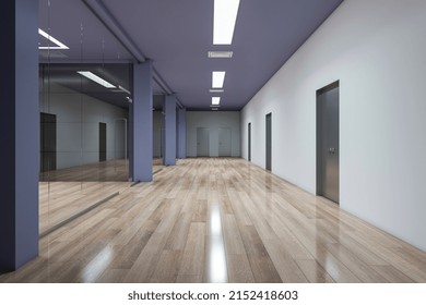 Modern Glass Partition Meeting Room Hallway Interior With Wooden Flooring And Equipment. 3D Rendering