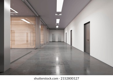 Modern Glass Partition Meeting Room Hallway Interior With Furniture And Equipment. 3D Rendering