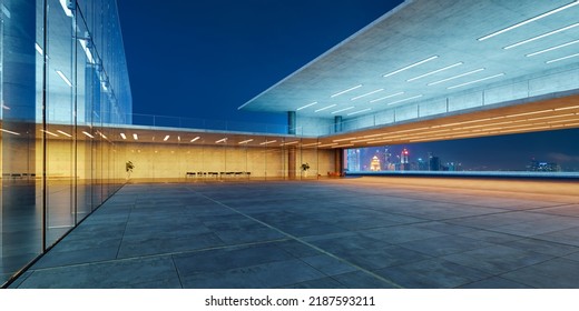 Modern glass wall commercial buildings exterior with citiscape view. Realistic 3d rendering