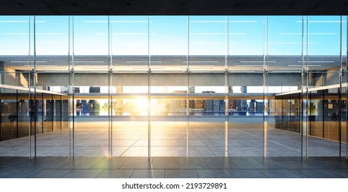 Modern Glass Wall Commercial Buildings Reception Lobby Hall. Realistic 3d Rendering