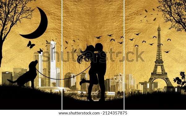 Print your own modern gold painting of abstract couple kiss in Paris. The texture of the oriental style of gray and gold canvas with an abstract pattern. artist canvas art collection for decoration and interior.