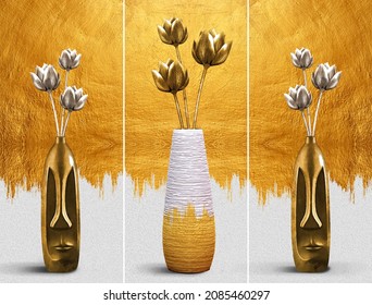 modern gold painting of abstract figurative vase of flower. The texture of the oriental style of gray and gold canvas with an abstract pattern. artist canvas art collection for decoration and interior