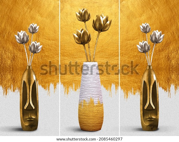 modern gold painting of abstract figurative vase\
of flower. The texture of the oriental style of gray and gold\
canvas with an abstract pattern. artist canvas art collection for\
decoration and\
interior