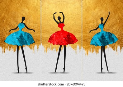 modern golden painting of African girl ballerina dancing abstract figure The texture of the oriental style of gray and gold canvas with an abstract pattern artist collection of painting for decoration