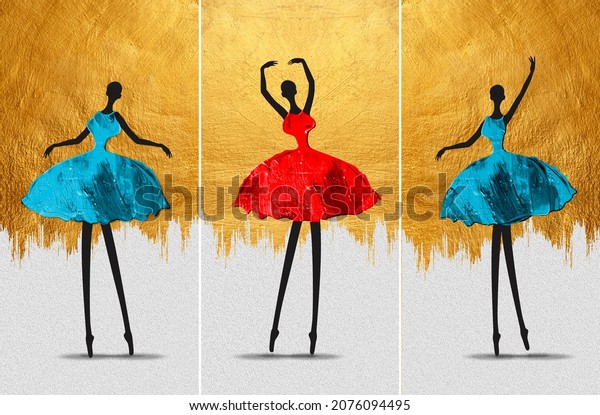 modern golden painting of African girl ballerina dancing abstract figure The texture of the oriental style of grey and gold canvas with an abstract pattern artist collection of painting for digital mural printing. 