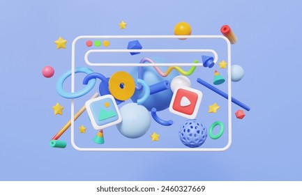 Modern graphic design abstract elements geometric shapes web browser AI photo and video creative content, chatbot technology UI-UX developer coding programming. 3d rendering illustration