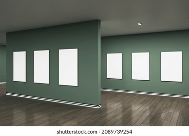 Modern Gray Gallery Interior With Blank Mock Up Frames On Wall And Reflections On Wooden Flooring. Art, No People, Museum And Exhibition Concept. 3D Rendering