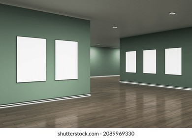 Modern Gray Gallery Interior With Blank Mock Up Banners On Wall And Reflections On Wooden Flooring. Art, No People, Museum And Exhibition Concept. 3D Rendering