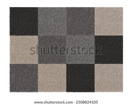 Modern, gray rectangular carpet, top view. Rug isolated on white background. Cut out home decor. Contemporary, loft style. Flat lay, floor plan. 3D rendering. 3D Illustration