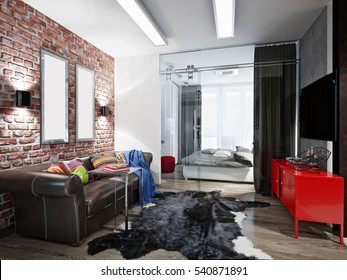 Modern gray studio interior in loft-style with bright colored accents. 3d render