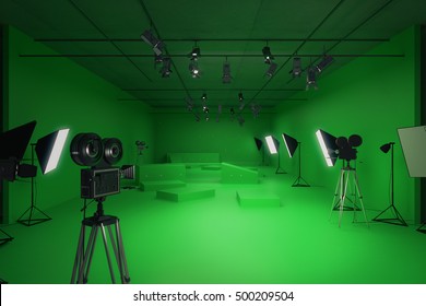 Modern green photo studio with old style movie cameras and professional lighting equipment. Front view, 3D Rendering - Powered by Shutterstock