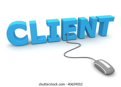 modern grey computer mouse connected to the blue word Client