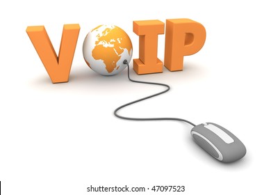 modern grey computer mouse connected to the orange word VoIP - the letter O is replaced by a globe