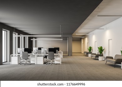 Modern grey office interior with rows of white computer desks and loft windows. Gray carpet with sofas. International company concept 3d rendering copy space