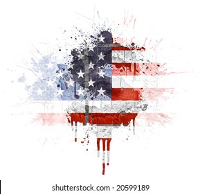 Modern grunge splatter design with American flag, Dollar symbol. Distressed grungy look with ink drop explosion.