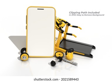 Modern Gym Equipment With Empty Mobile Mockup Pen Tool Created Clipping Path Included In JPEG Easy To Composite.