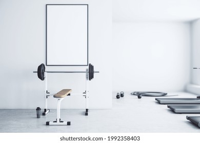 Modern Gym Interior With Empty Poster, Equipment And Daylight. Mock Up, 3D Rendering