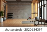 Modern gym interior with sport and fitness equipment on concrete wall background- 3D rendering