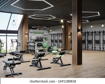 Modern Gym Interior With Sport And Fitness Equipment, Fitness Center Interior, Interior Workout Gym, 3d Rendering