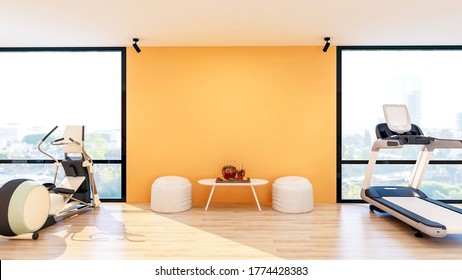 Modern gym interior with sport and fitness equipment, fitness center inteior with stool and table with infused water, 3D Rendering - Powered by Shutterstock