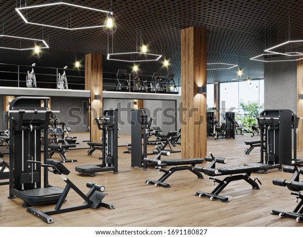 Modern gym\
interior with sport and fitness equipment, fitness center interior,\
interior workout gym, 3d\
rendering