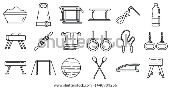Modern gymnastics equipment icons set. Outline\
set of modern gymnastics equipment icons for web design isolated on\
white background