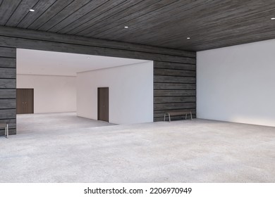 Modern Hall Way Interior With Wooden Wall. Spacious Room Concept. 3D Rendering