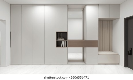 A modern hallway with a large built-in closet system featuring ample storage, open shelving, and a cozy bench. Clean lines and neutral tones create a stylish and functional entryway