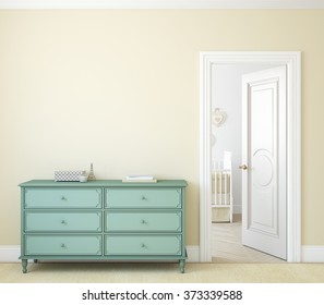 Modern Hallway With Open Door. Dresser Near Beige Wall. 3d Render.