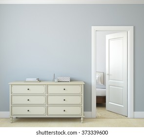 Modern Hallway With Open Door. Dresser Near Blue Wall. 3d Render.