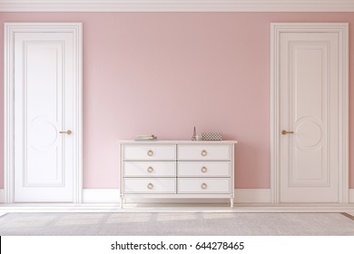 Modern Hallway. White Dresser Near Pink Wall. Interior Mockup. 3d Render.