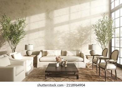 Modern Hampton Style Interior Design In Livingroom. Lighting And Sunny House With Large Classic Windows. Mock Up Wall. 3d Render Illustration.