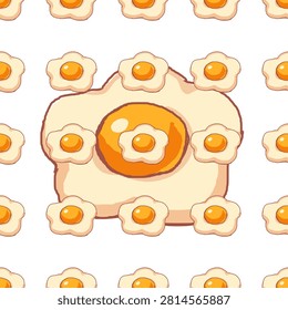 Modern hand drawn seamless pattern with cute pop art flower shaped fried eggs on white background for kawaii kids breakfast food fashion textile print, creative wrapping paper.